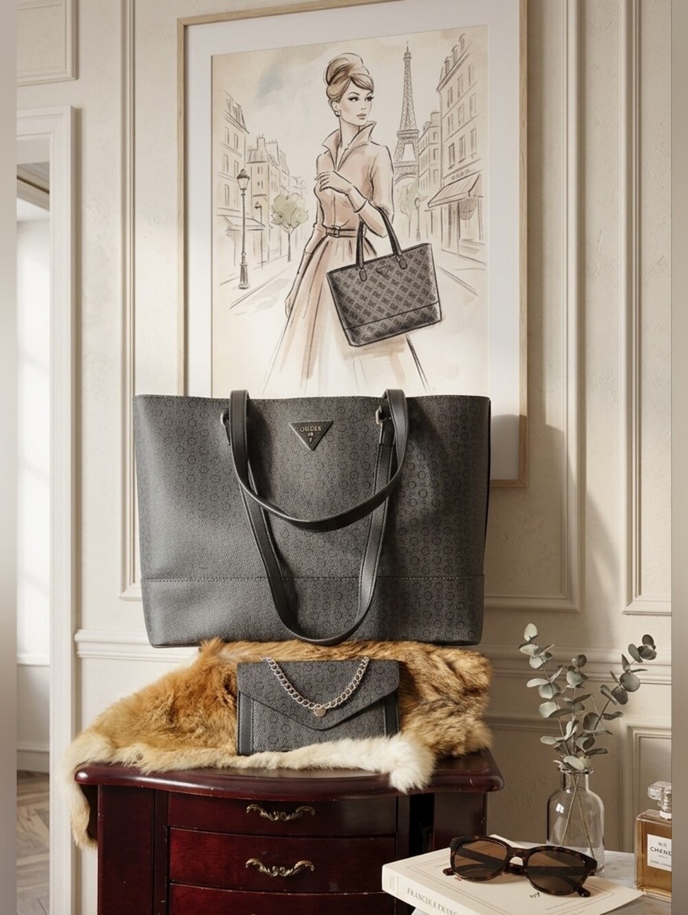 Guess Gray Monogram Tote with Matching Chain Wallet